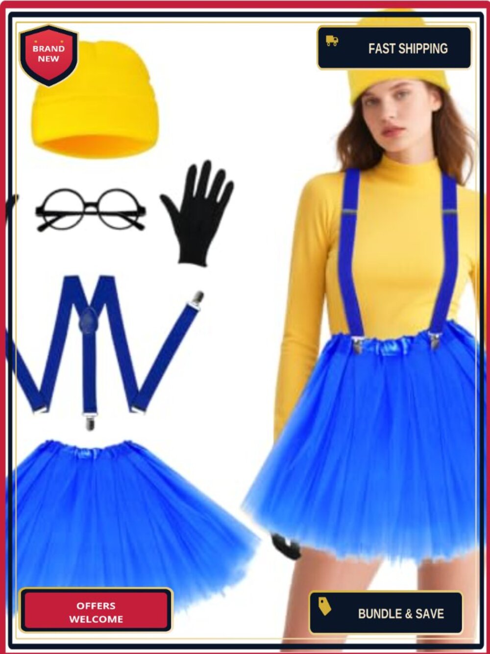 5-Piece Halloween Costume Accessory Set - Gloves, Suspender, Tutu, Beanie &